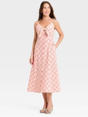 A New Day™ Women's Sleeveless Bow-Front Midi A-Line Dress Pink Plaid XS, S or M